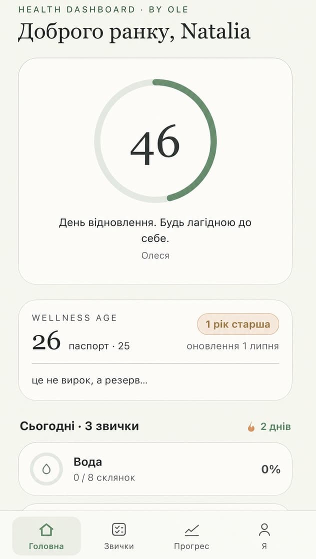OLE App — головний екран зі щоденним показником